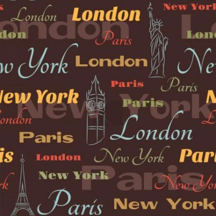 Impregnovaná látka  kočárkovina, města, London, Paris, New York na hnědém podkladu, látka, metráž